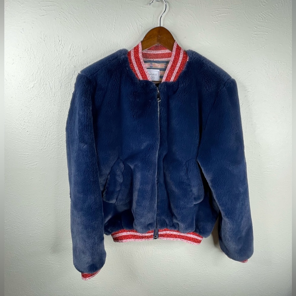 Noble 31 Faux Fur Navy Blue Bomber Sparkle Trim Pink Res Jacket Eras Outfit XS